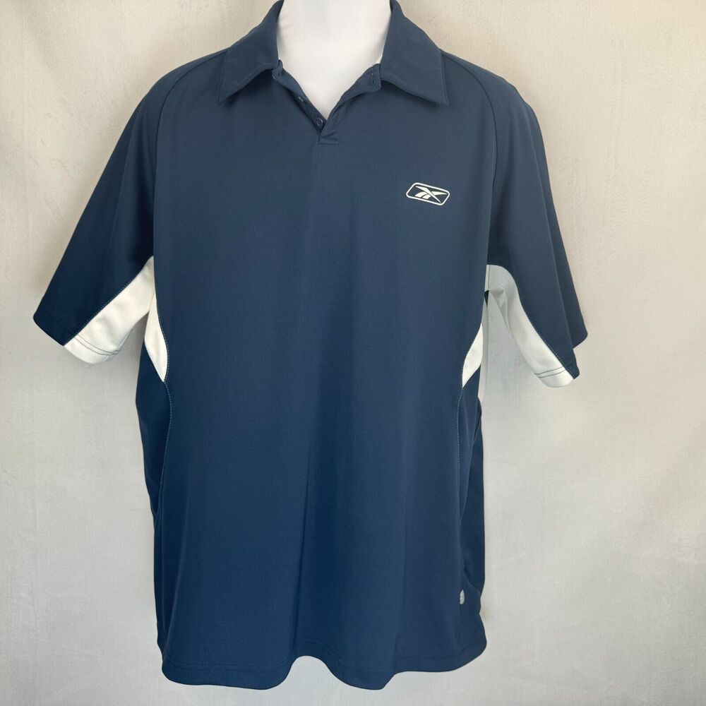 Reebok Play Dry Golf Polo Men Sz L Navy and White Short Sleeve Collared